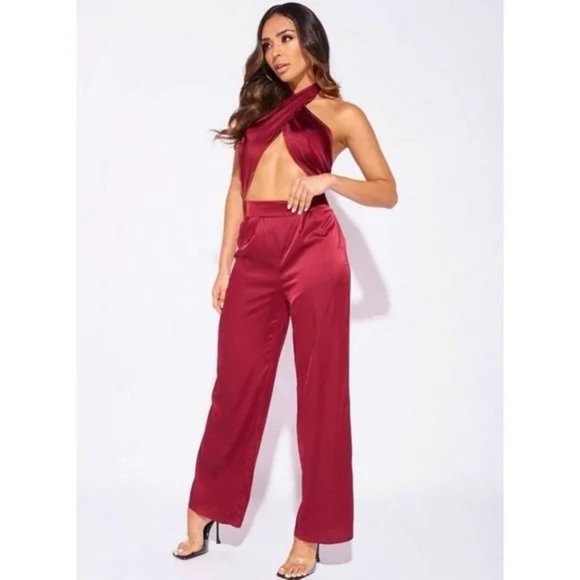 Burgundy Satin Halter Neck Crop Top and High Waist Wide Leg Pants Two Piece Set - Picture 5 of 11